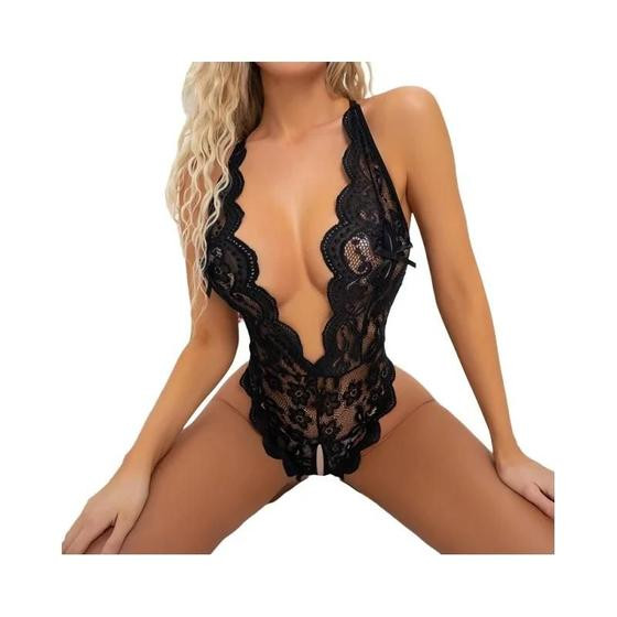 Imagem de Conjunto De Sutiã Feminino Sexy De Renda Oca Profunda Em V Transparente Bodysuit Vestido De Roupa