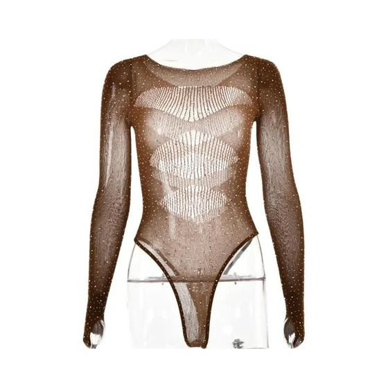 Imagem de Body Feminino Sexy De Malha Transparente Com Manga Comprida, Alta Elasticidade E Recorte Vazado Para