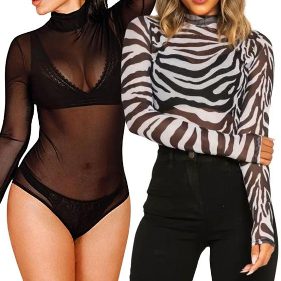 Imagem de Kit 2 Body Blusa Transparente Estampa Zebra + Preto Liso Feminino Manga Longa Bory Sexy