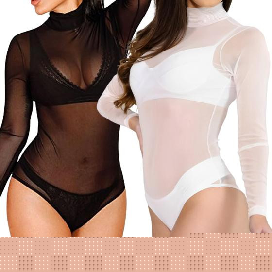 Imagem de Kit 2 Body Blusa Feminina Manga Longa Transparente Tule Bory liso Sexy