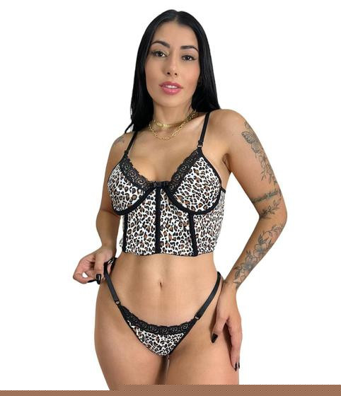 Imagem de Conjunto Calcinha e Sutiã  Cropped Estampa Oncinha Detalhe Renda com Aro Sem Bojo Lingerie Sexy