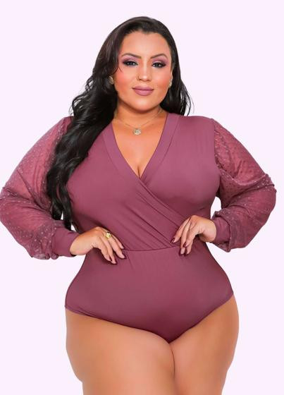 Imagem de Body Plus Size Tule Poa Manga Longa