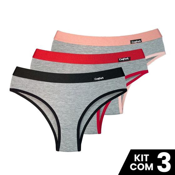 Imagem de kit 3 Calcinhas Conforto Viscolycra Algodão Com Viés na Cintura Elastico na Perna