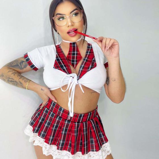 Imagem de Lingerie Sexy Cropped Renda MIni Saia Xadrez Sensual 