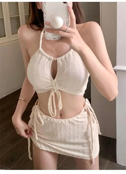 Imagem de Conjunto De Biquíni Sexy Com Nervuras, Três Peças, Cordão, Mini Saia, Roupa De Praia