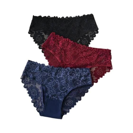 Imagem de Calcinha Feminina De Renda De Algodão Com Bordado Floral Conjunto De 3 Peças Cuecas De Lingerie Sexy