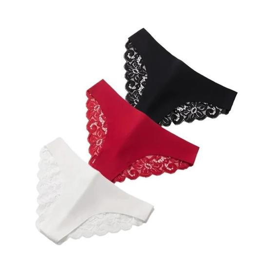Imagem de Conjunto De Calcinhas De Renda Sexy Feminina 3 Peças De Cetim De Seda Macia Lingerie Vazada Cuecas