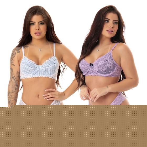 Imagem de Kit 3 Conjuntos de Sutiã Sem Bojo  com Aro e Calcinha Renda Sexy Transparente Lingerie Sensual