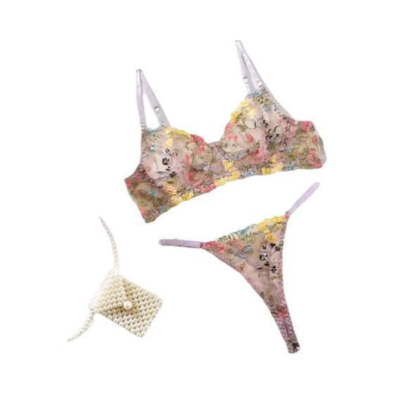 Imagem de Conjunto De Lingerie Sexy De Renda Feminina 2 Peças Sutiã E Cuecas Bordados Transparentes