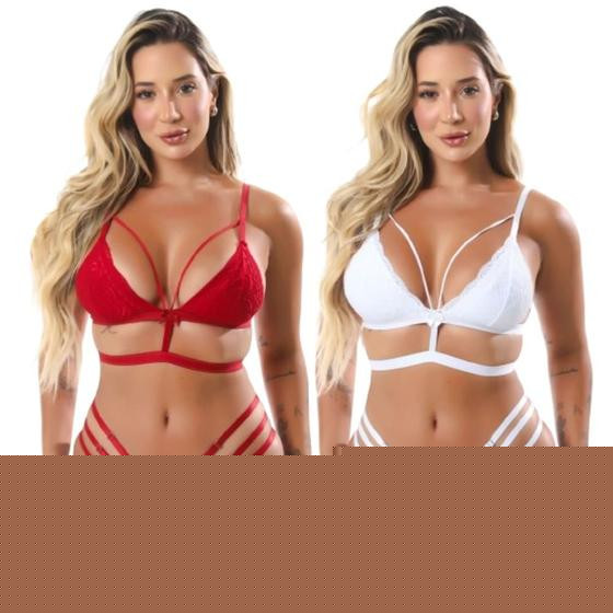 Imagem de Kit 2 Conjunto De Lingerie Íntimo Gladiador 3 Tiras Feminino Strappy Calcinha E Sutiã Sexy Sensual