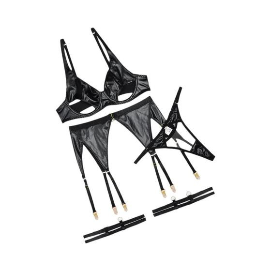Imagem de Conjunto De Lingerie De Couro Feminino Sexy Tanga Sutiã Combo Exótico Roupa Interior Oca Cinco