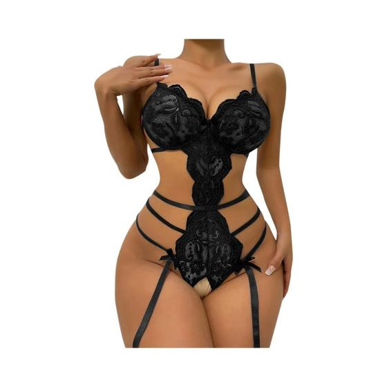 Conjunto De Sutiã Aberto De Renda Sexy Para Mulheres, Body Transparente Com Babados Sedutores, - others