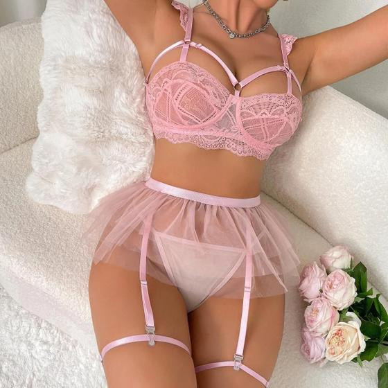 Conjunto De Lingerie Feminina Sexy Transparente Com Retalhos, Sutiã, Ligas, Tangas, Roupa Íntima - others