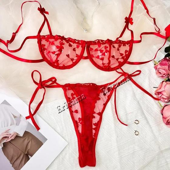 Conjunto De Lingerie Sexy Semi Transparente Com Bordado Floral Feminino Sutiã E Tanga Roupa Íntima - others