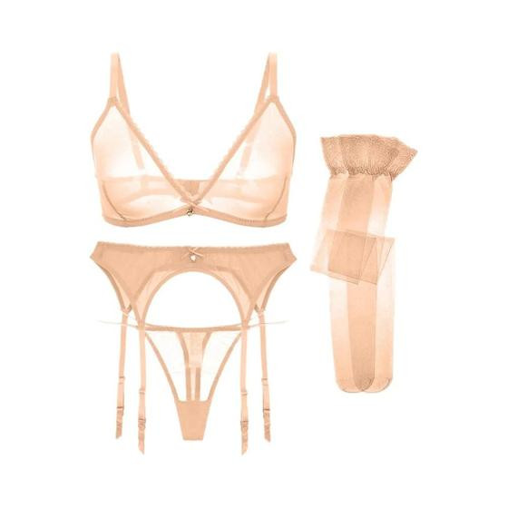 Conjunto De Lingerie Sexy Transparente De Tamanho Maior, Biquíni Tanga Sem Fio, Sutiã, Liga, Meias - others