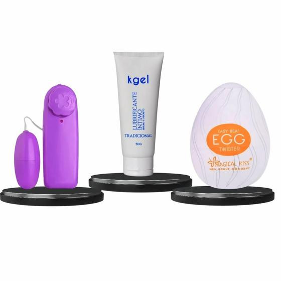 Imagem de Kit Lubrificante Íntimo a Base de Água K gel 50g + Vibrador Feminino Ponto G  Liso + Egg Masturbador Masculino