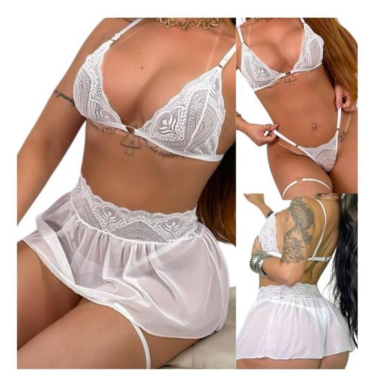 Conjunto de Lingerie Tule 4 peças com Saia e Cropped Sem Bojo - P, M, G e GG - Franciskita