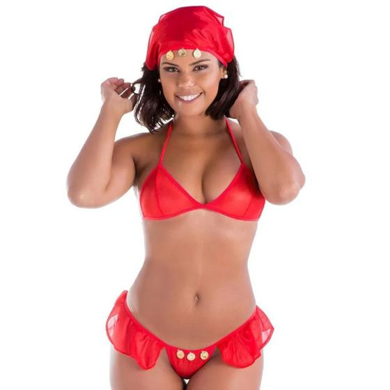 Conjunto Top Sensual Tanga com Babadinhos Sexy Fetiche Ciganinha Tamanho Unico Vermelho - Portal do Prazer