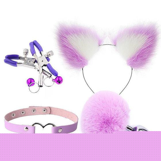 Kit Sensual Fetiche Coelho com Plug Ana Tiara Coleira Prendedor Grampos de Mamilos - Sexy Import