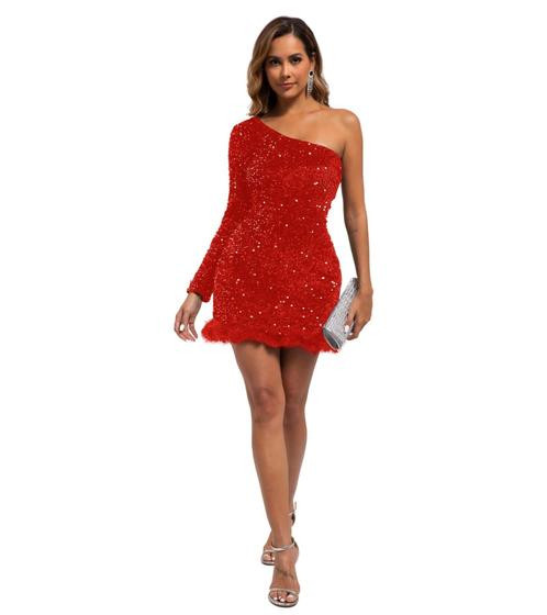 Vestido PORRCEY Sexy Sequins One Shoulder Feather Mini Red