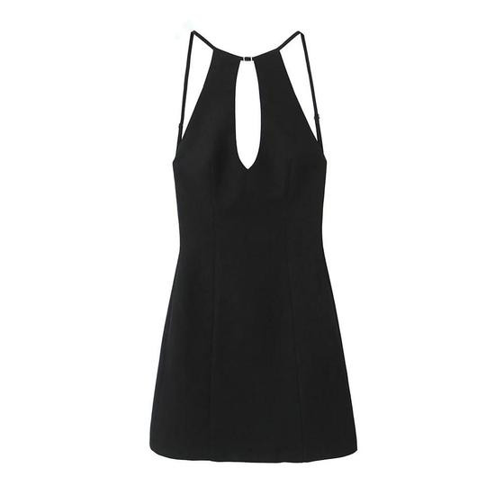 Verão novo produto feminino preto sexy aberto volta fivela decoração pendurado pescoço vestido curto - others