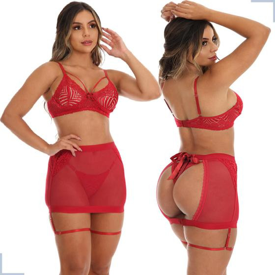 Conjunto Lingerie Sensual Sexy 3 Peças Com Calcinha Saia em Tule - Aunika Moda Intima Lingerie