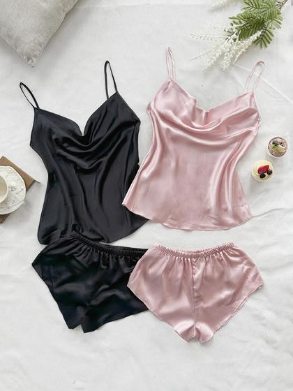 Conjunto De Pijama Feminino De Verão Sexy Em Cetim Liso, Top E Shorts, Quatro Peças Macias E - others