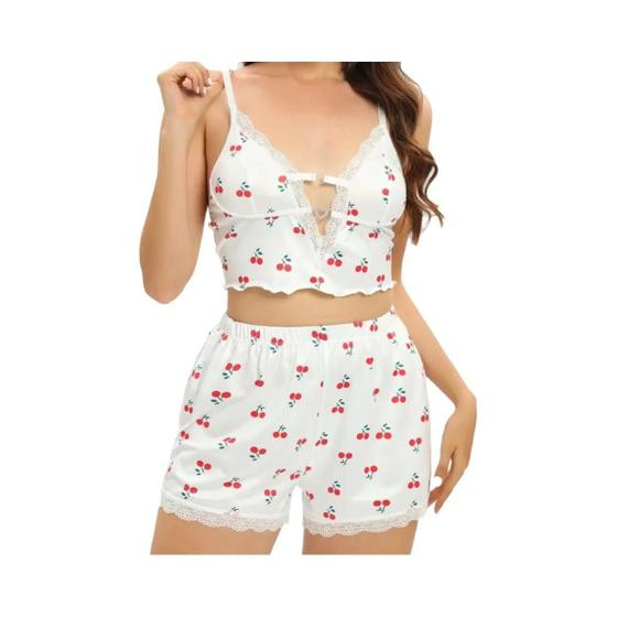 Conjunto De Pijamas Sexy Com Decote Em V, Renda E Estampa, Copas Triangulares, Suspensórios, Verão - others