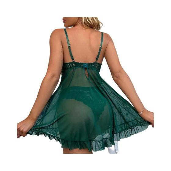 Conjunto De Pijamas Com Camisola De Renda Transparente Vermelha E Calcinha, Lingerie Sexy - LQYCSX