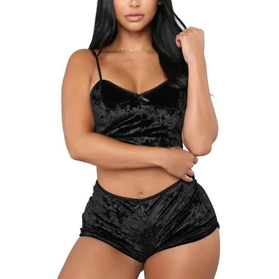Conjunto De Pijama De Veludo Feminino Sexy Com Alças Em V Sem Mangas 2 Peças Roupas Confortáveis - others