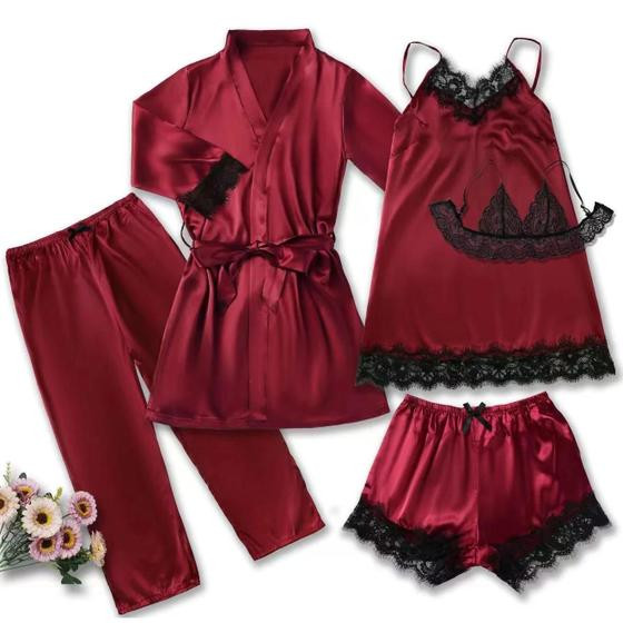 Conjunto De Pijama De Cetim Rosa Feminino Sexy Com Renda E Patchwork, Camisola De Seda E Calças, - others