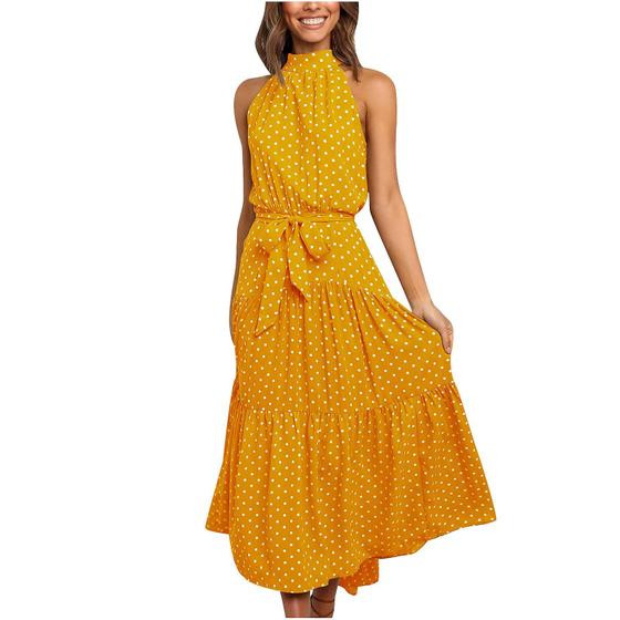 Moda feminina verão bolinhas sem mangas estampado sexy noite estilingue vestido longo - HUOGUO