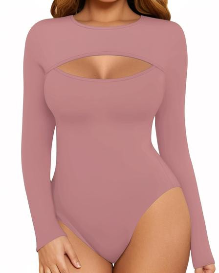 Macacão feminino MANGOPOP com recorte sexy de manga comprida Marsala