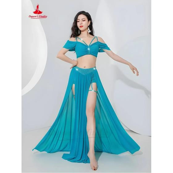 Conjunto De Dança Do Ventre Feminino Com Top De Mangas Curtas E Saia Longa Sexy Com Fenda 2 Peças - Dancer's Vitality