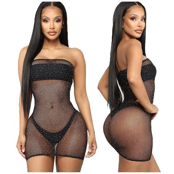 Lingerie sexy feminina de malha transparente com rede de nádega vazada - HUOGUO