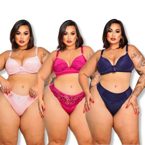 Kit 10 Conjuntos Calcinha e Sutiã Plus Size Fio Dental Renda - Luega Lingerie Sexy
