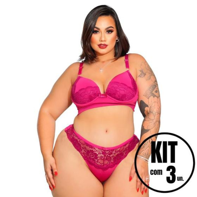 Kit 3 Conjuntos Calcinha e Sutiã Plus Size Fio Dental Rendado Fio Duplo - Luega Lingerie Sexy