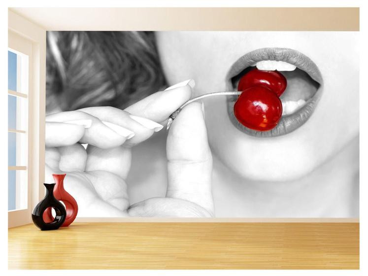 Papel De Parede 3D Arte Boca Lábios Cereja Sexy 3,5M Tra157 - Você Decora