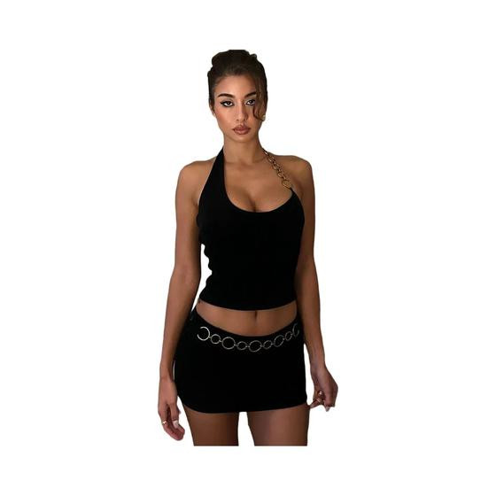 Conjunto Feminino Sexy De Top Cropped Sem Mangas E Saia Mini Com Detalhe De Corrente Para Festas E - dulzura
