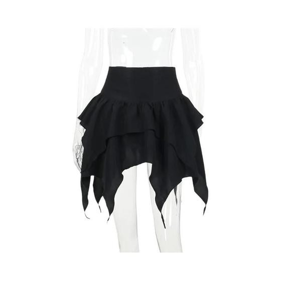 Saia Mini Irregular Gótica Punk Feminina Moda De Verão Sexy Em Cor Sólida Com Cordão E Babados - CORLVON