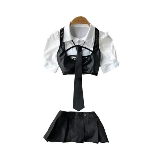 Conjunto De Uniforme Escolar Sexy Em Couro PU Com Mangas Bufantes, Top Com Babados E Saia Mini, 4 - SUYISODA