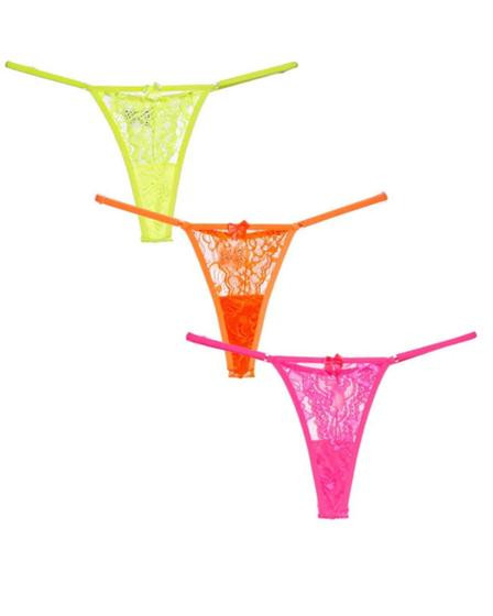 Imagem de Kit 3 Calcinhas Renda Fio Dental De Regulagem Sexy Neon Tanga Feminina