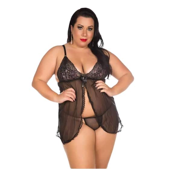 Imagem de Camisola Carol Plus Size Preto Transparente Lingerie Sensual