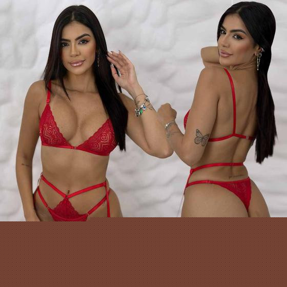 Imagem de Conjunto Com Cinta Liga Sensual Sem Bojo Calcinha fio dental Rendado Sexy