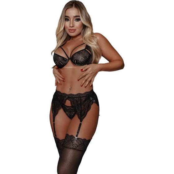 Imagem de Conjunto Sutiã Sem Bojo Com Aro em Renda Calcinha Fio Dental Cinta Liga Strappy Sensual Sexy Preto
