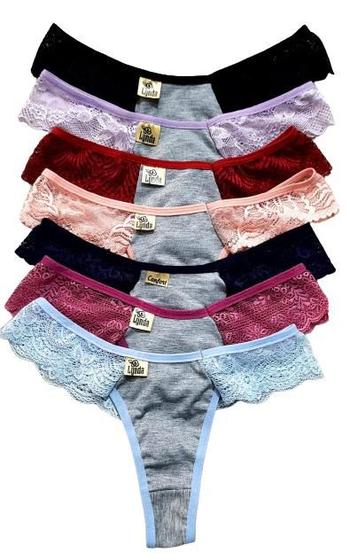 Kit 12 Calcinhas Fio Dental Algodão Feminina Rendada Lingerie Sexy Revenda - Calcinha Atacado Feminino Langerie Sensual Malha com Renda Confortável - Lynda Lingerie Moda Íntima Feminina Adulto