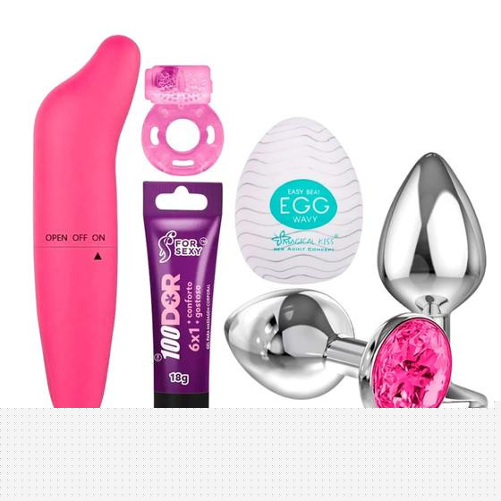 Vibrador Ponto G + Plug Anal P + Egg Masturbador Masculino + Anel Peniano + Gel Estimulador Anal - Sexy Import