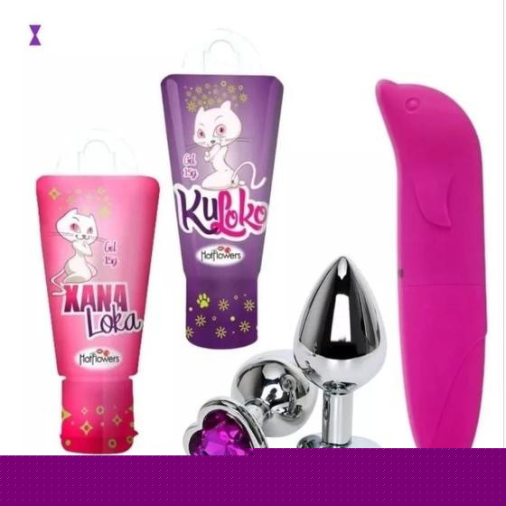 Kit Casal Vibrador Feminino + Plug Anal Coração + Gel Excitante Feminino + Gel Dessenssibilizante Anal - Sexy Import