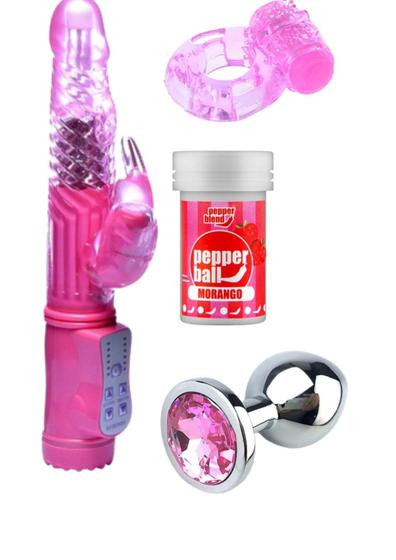 Imagem de Kit Vibrador Feminino Ponto G + Plug Anal P + Anel Peniano + Lubrificante Beijável Pepper Blend