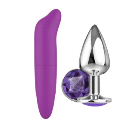 Imagem de Vibrador Massageador Feminino Clitóris Ponto G + Plug Estimulador Dilatador Anal Com Jóia em Aço
